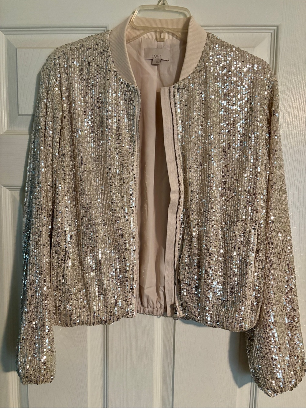 LOFT Champagne Sequin Bomber Jacket